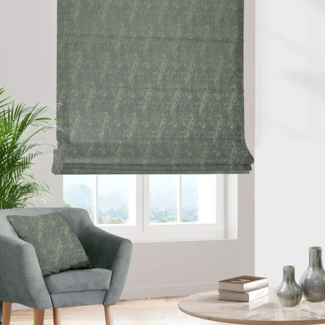 Roleta rzymska MALLORCA miętowo złocista z miękkiej tkaniny szenilowej przetykanej błyszczącą nicią