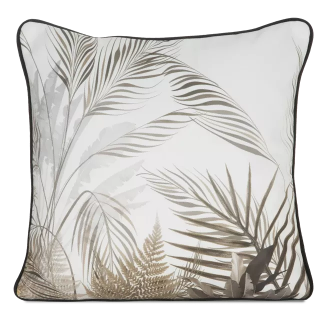 Poszewka na poduszkę 45x45 cm welwetowa biało beżowa z nadrukiem liści palmy i wypustką na brzegach EVA 17 B Eva Minge