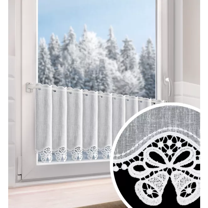 Tkanina firanowa zazdrostka z etaminy zdobiona świątecznym ażurowym haftem w formie dzwoneczków