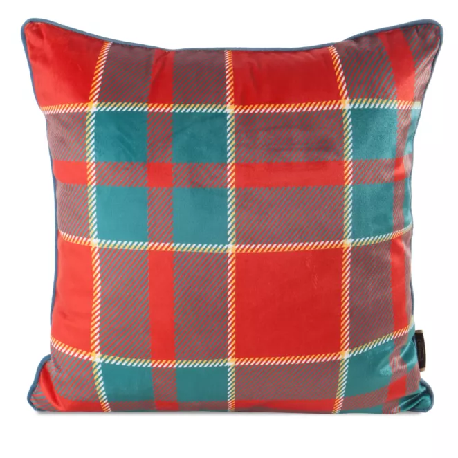 Poszewka na poduszkę świąteczna 45x45 cm welwetowa czerwono, zielona w kratę zdobiona elegancką wypustką