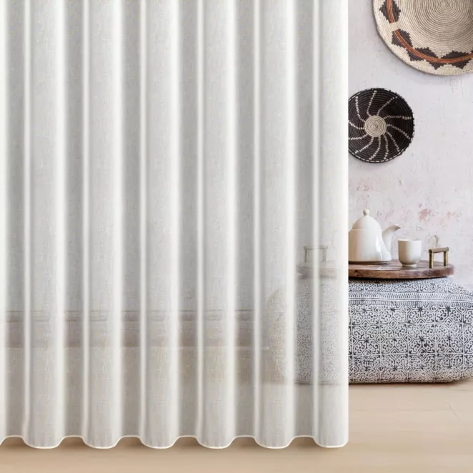 Firana szyta na taśmie 5 cm naturalna z wysokiej jakości niepalnej tkaniny z certyfikatem,o naturalnym splocie, wykończona obciążnikiem