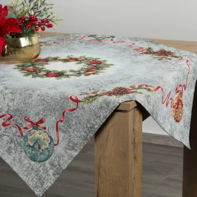 Obrus popielato, czerwony 100x100 cm gobelinowy z motywem świątecznym
