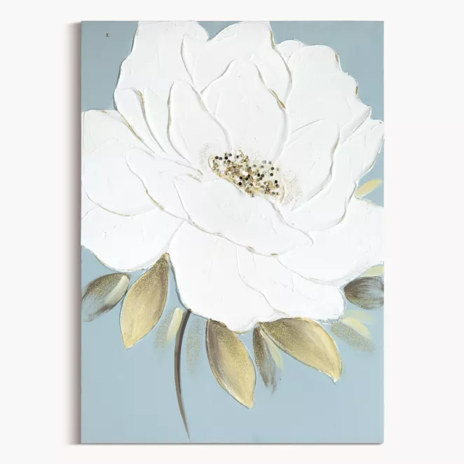 Obraz kremowy, jasnoniebieski ręcznie malowany z motywem roślinnym 50x70 cm