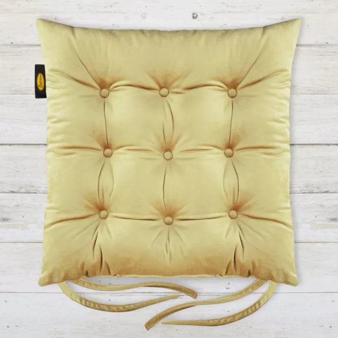 Poduszka na krzesło 40 x 40 x 6 cm dwustronna welwetowa jasnozłota z dziewięcioma pikowaniami