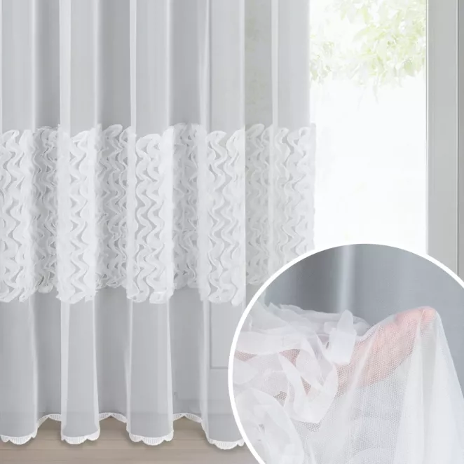 Firana biała gładka zdobiona aplikacją 140x270 cm taśma LORIS