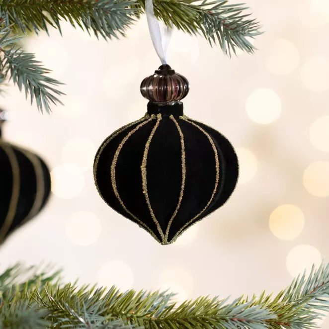 Bombka szklana zdobiona lśniącymi złotymi akcentami ze szklaną zawieszką