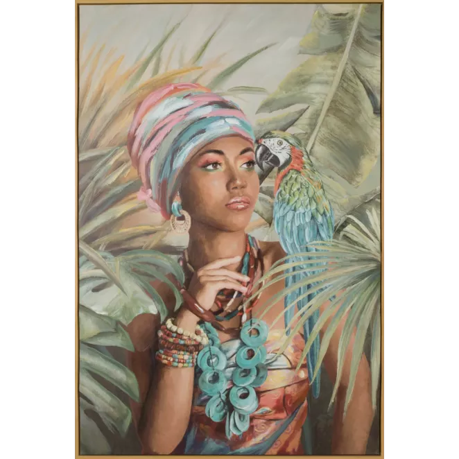 Obraz SENSUAL 2 ręcznie malowany na płótnie portret kobiety w egzotycznej scenerii, w złotej ramie