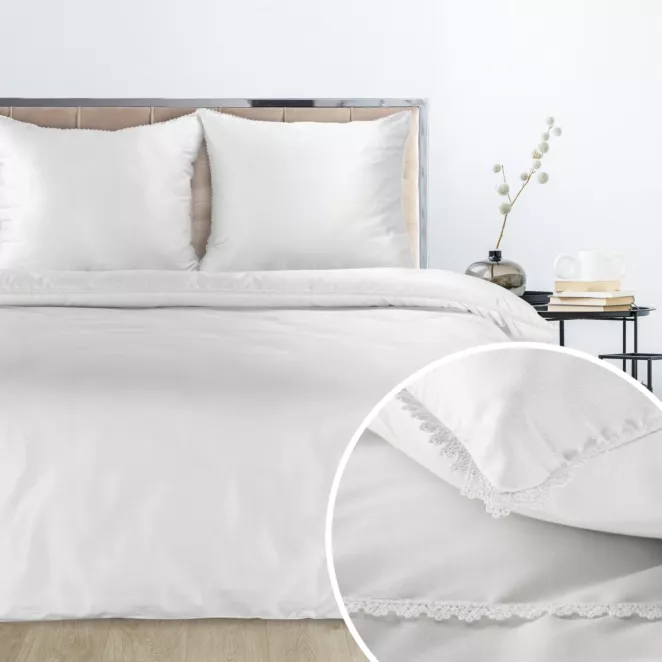 Pościel 160x200 cm komplet 3 częściowy z mieszanki włókien kolor biały zdobiona pasem koronki LINDA z kolekcji Nova Style