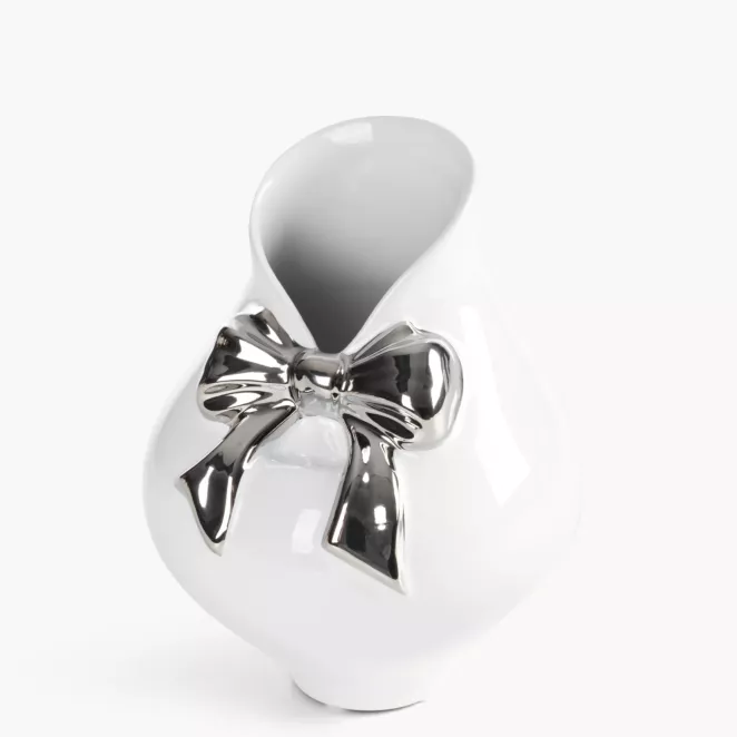 Wazon biały dekoracyjny z ozdobną srebrną kokardką 14x19 cm AKIRA