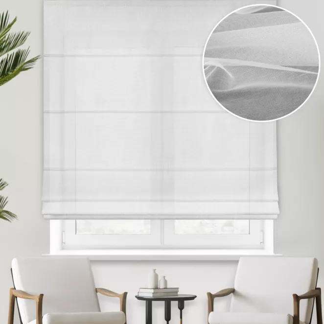 Roleta rzymska biała z matowej tkaniny ADEN,wykończona obciążnikiem