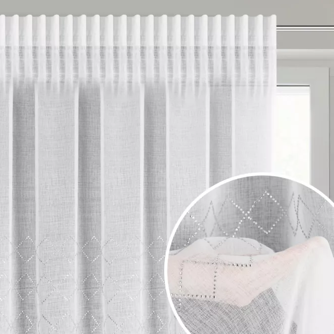 Firana biała z delikatnej etaminy zdobiona błyszczącym pasem kryształków 345x260 cm taśma KLOE