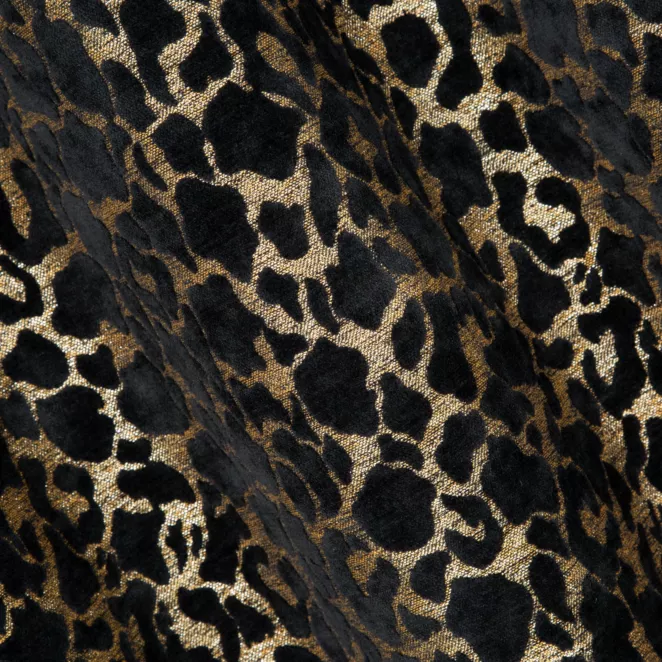 R166/1 Zasłona szyta na taśmie 5 cm czarno złota z szenilowej tkaniny w zwierzęcy wzór przetykany błyszczącą nicią