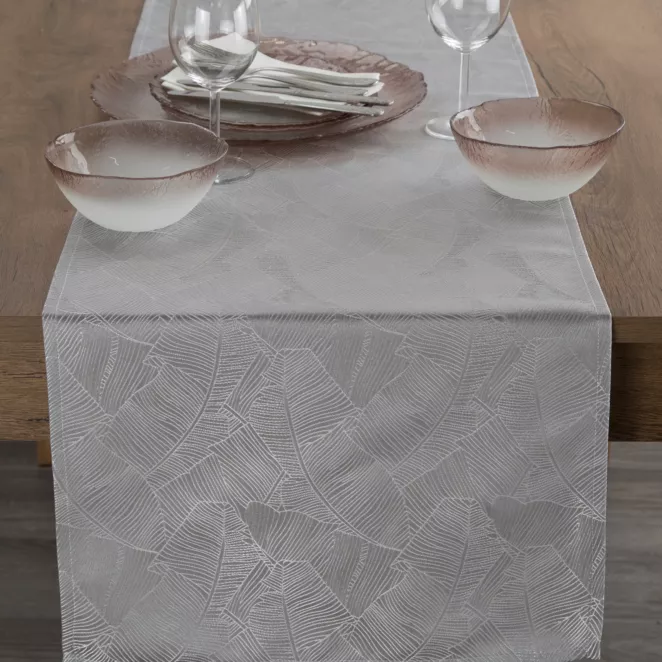 Bieżnik na stół srebrno, biały 40x140 cm ISLA z żakardowym wzorem liści bananowca