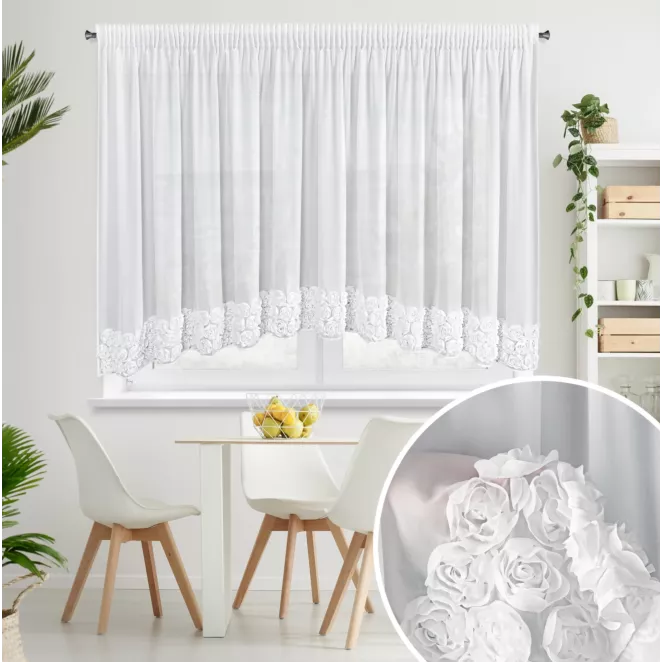 Firana biała z szyfonu zdobiona łukiem 3D róż 400x160 cm taśma - ROSES - Eva Minge
