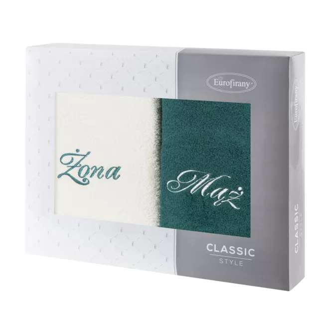 Zestaw ręczników bawełnianych na prezent 2 szt 70x140 cm z haftem Żona i Mąż kolor kremowy,ciemnozielony 400 g/m2