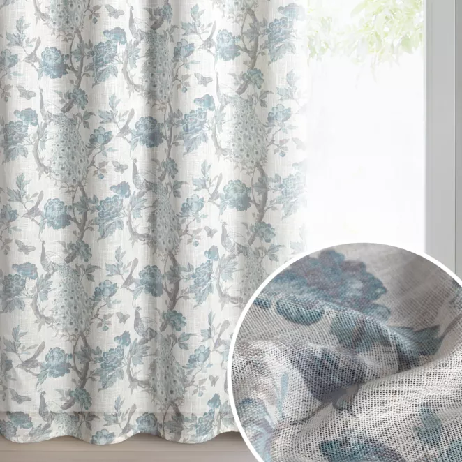 Zasłona kolor naturalny, niebieski z tkaniny z dodatkiem lnu zdobiona nadrukiem roślinnym 140x250 cm przelotka - EMERA