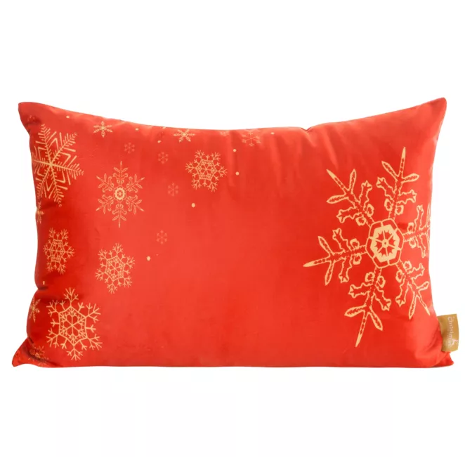 Poszewka na poduszkę 30x50 cm welwetowa, czerwona z nadrukiem złotych śnieżynek CHERRY