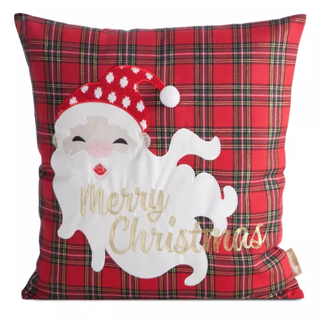 Poszewka na poduszkę świąteczna 45x45 cm czerwono, biała w kratę zdobiona haftem zabawnego Mikołaja