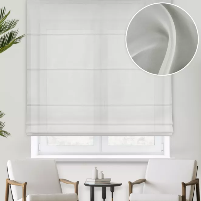 Roleta rzymska kremowa z miękkiej i delikatnej tkaniny typu KREPA, wykończona obciążnikiem