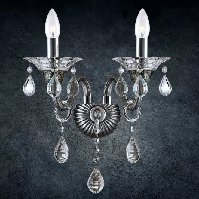 Kinkiet- lampa do pokoju srebrno, transparentna GLITTER dwuramienny żyrandol z kryształami