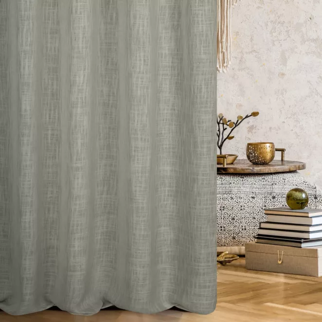 Zasłona szyta na taśmie 5 cm stalowa o naturalnym, luźnym splocie w stylu eko