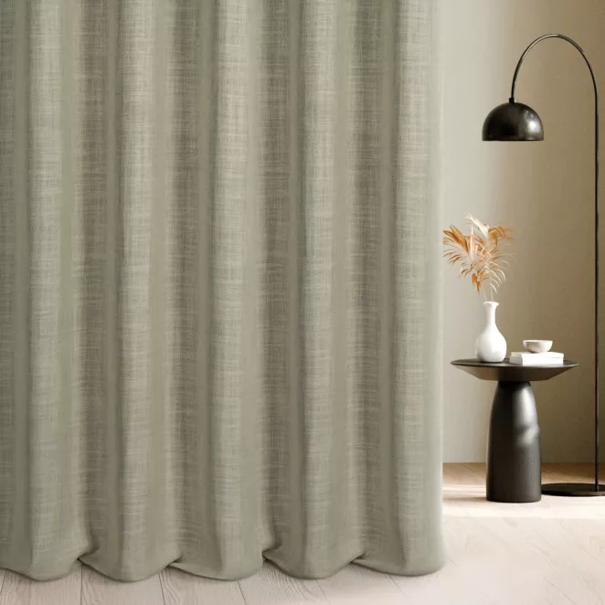 Zasłona szyta na przelotkach ciemnobeżowa z tkaniny w stylu eko