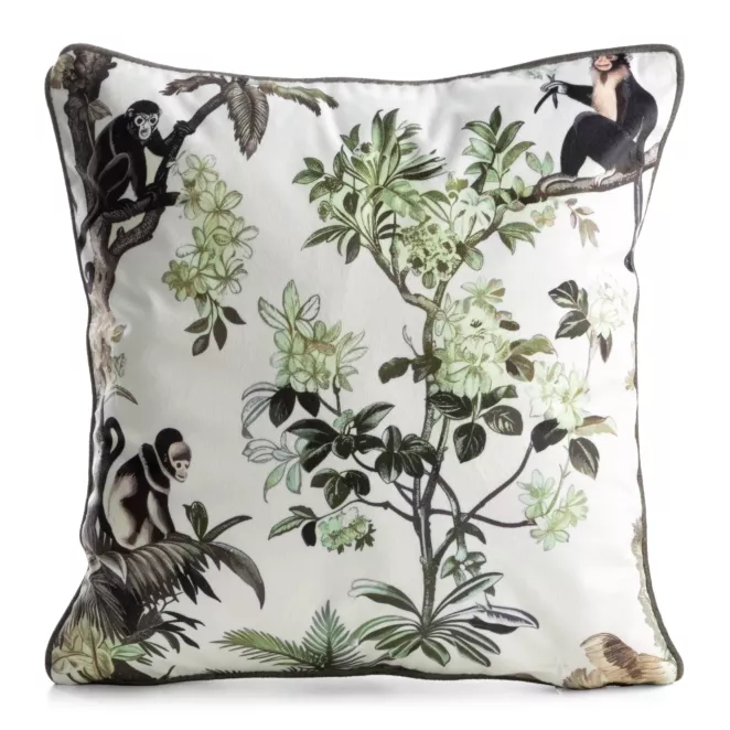 Poszewka na poduszkę 45x45 cm welwetowa biało, zielona z roślinnym nadrukiem VELVET 206