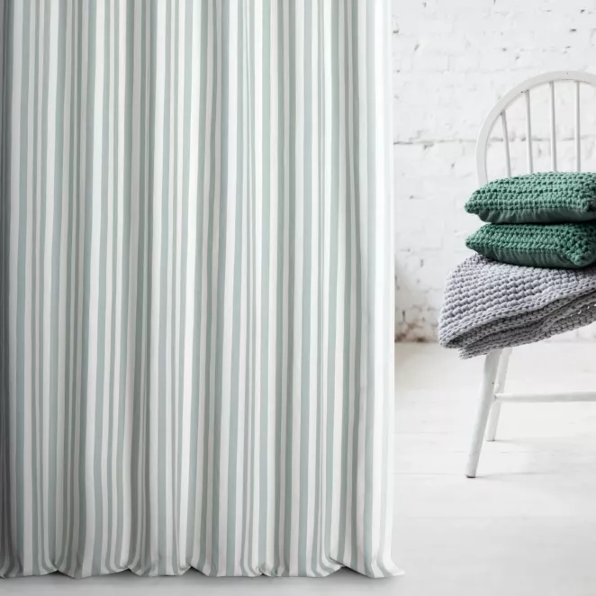 Zasłona szyta na taśmie 5 cm naturalno turkusowa z tkaniny w pasy