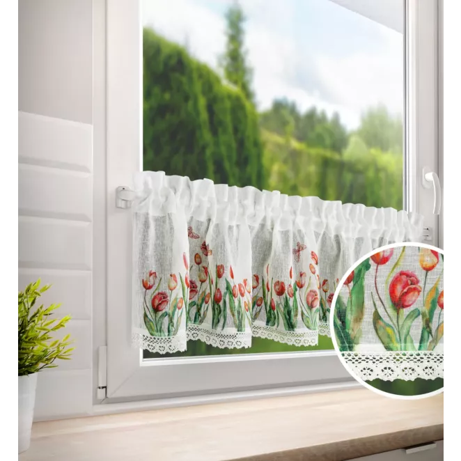 Zazdrostka biało, czerwona z etaminy zdobiona nadrukiem czerwonych tulipanów i koronką 150x30 cm tunel STELLA