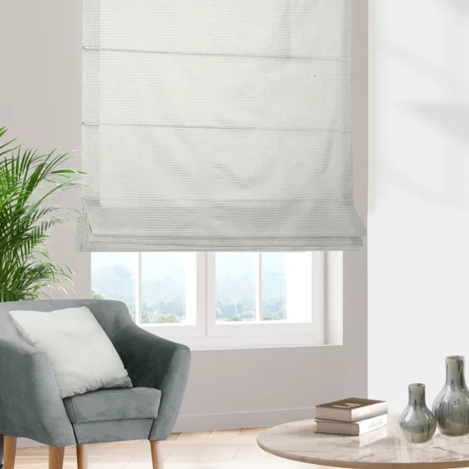 Roleta rzymska FIONA kremowo szampańska z dwustronnej tkaniny w paseczki z dodatkiem srebrnej nici