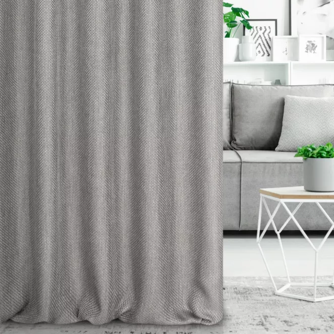 Zasłona szyta na taśmie 5 cm grafitowa z strukturalnej tkaniny o naturalnym splocie