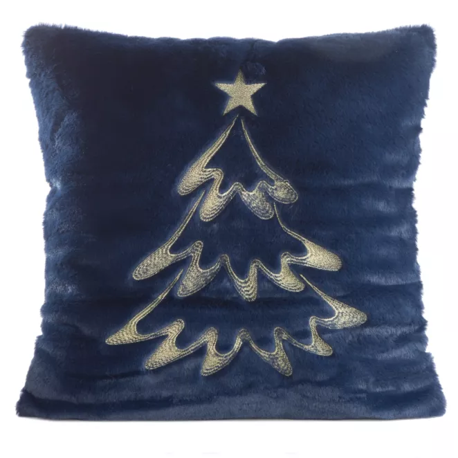Poszewka na poduszkę świąteczna 45x45 cm granatowo, szampańska z przyjemnego futerka zdobiona haftem choinki