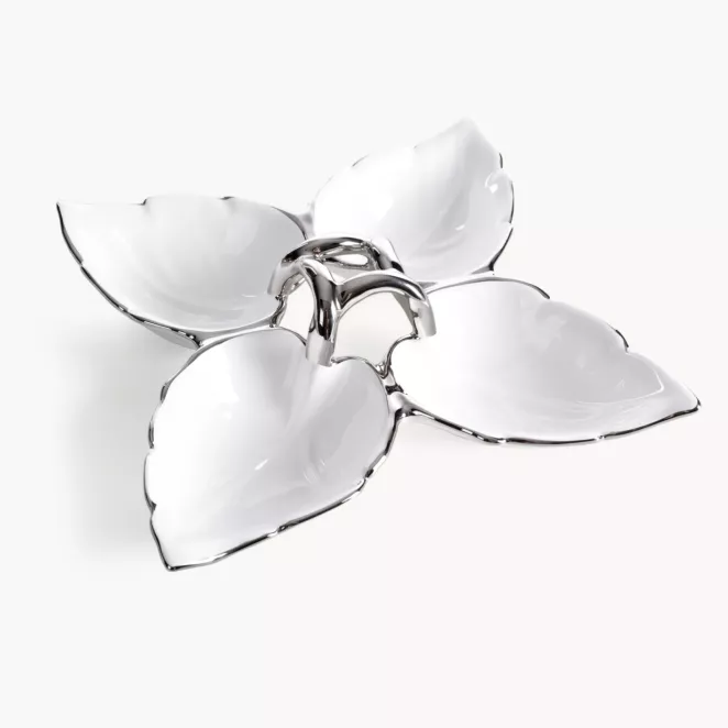 Misa dekoracyjna biało, srebrna w kształcie liścia 25x7 cm DONA