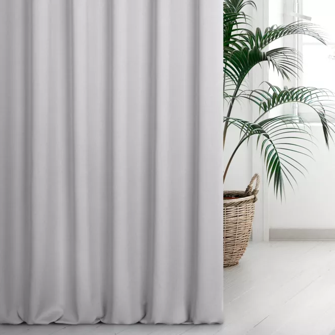 Zasłona szyta na taśmie 5 cm srebrna z miękkiej tkaniny o naturalnym splocie w stylu ekologicznym