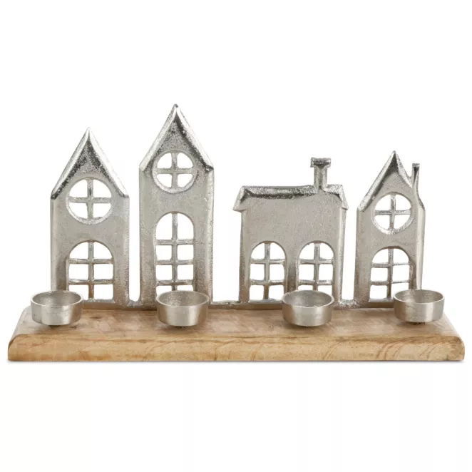 Figurka świąteczna - świecznik drewniany z dodatkiem metalowych domków