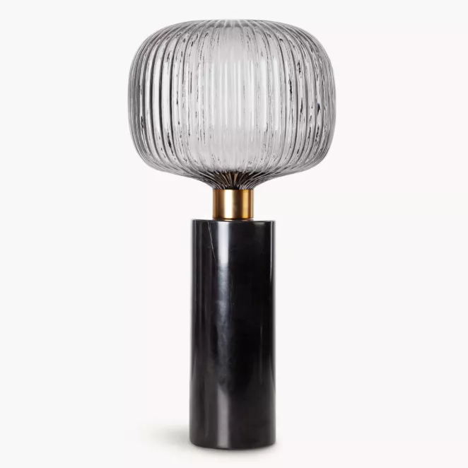 Lampa stołowa do salonu czarno, grafitowa LUKA o marmurowej podstawie i szklanym tłoczonym kloszem
