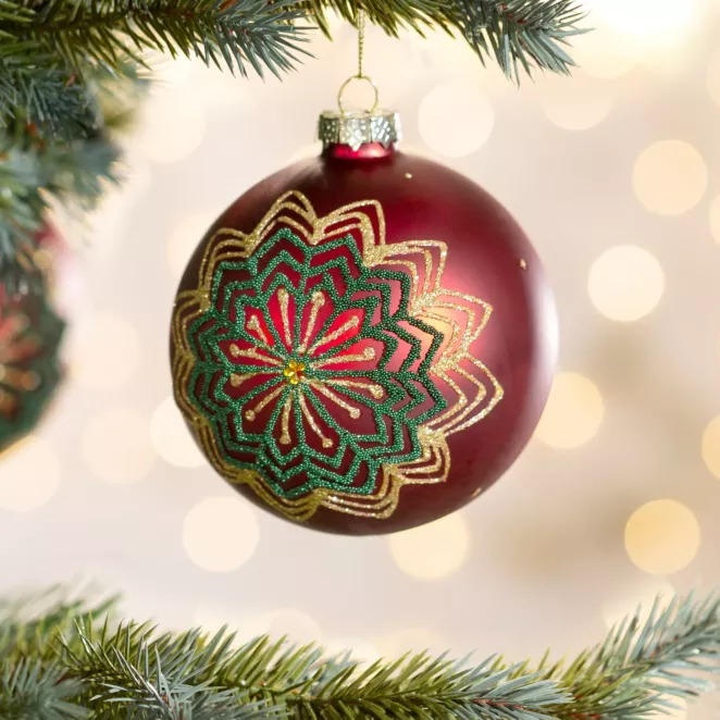 Szklana bombka choinkowa ręcznie zdobiona błyszczącym wzorem