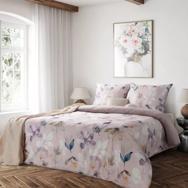 Pościel 220x200 cm komplet 3 częściowy z makosatyny bawełnianej kolor jasnoróżowy, biały z motywem kwiatów Eurofirany Premium