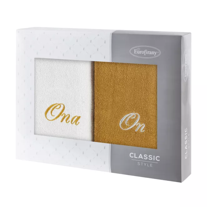 Zestaw ręczników bawełnianych na prezent 2 szt 50x90 cm z haftem ONA I ON kolor srebrny,musztardowy 400 g/m2