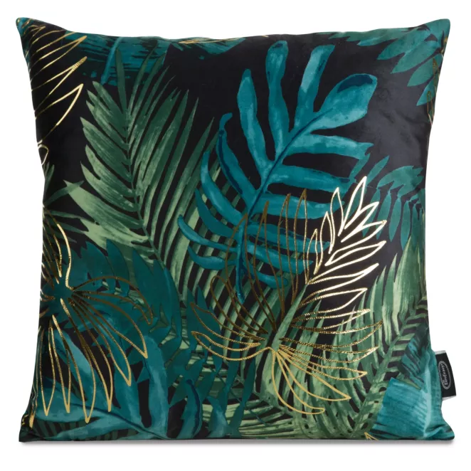 Poszewka na poduszkę 40x40 cm welwetowa czarno, zielona z nadrukiem z motywem egzotycznych liści DAVOS