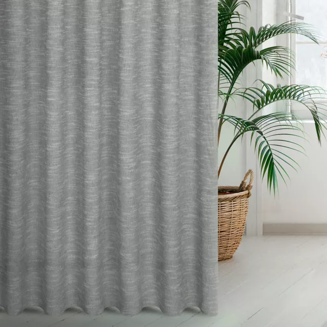 Zasłona szyta na taśmie 5 cm popielata z matowej luźnotkanej tkaniny z efektem melanżu, wykończona obciążnikiem