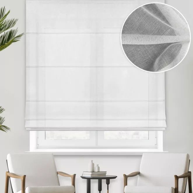 Roleta rzymska naturalna z grubej, matowej tkaniny o naturalnym splocie wykończona obciążnikiem