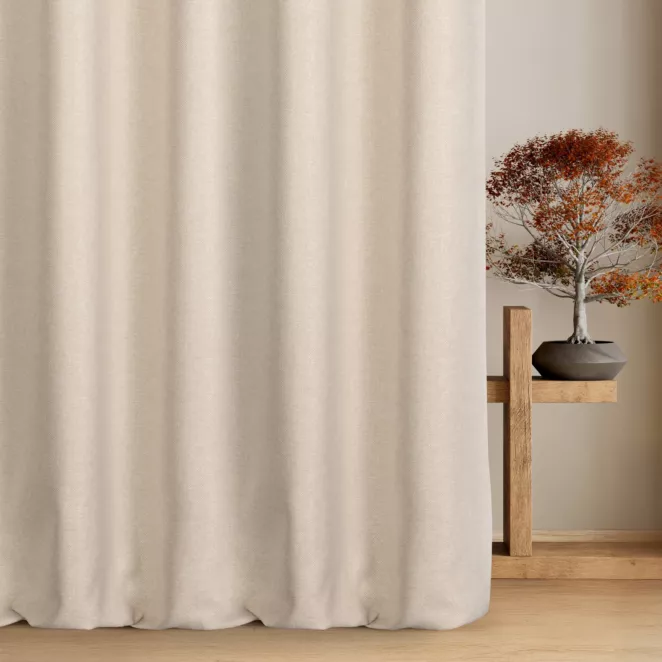 Zasłona szyta na taśmie 5 cm jasnobeżowa o naturalnym charakterze, z widocznym, ozdobnym splotem