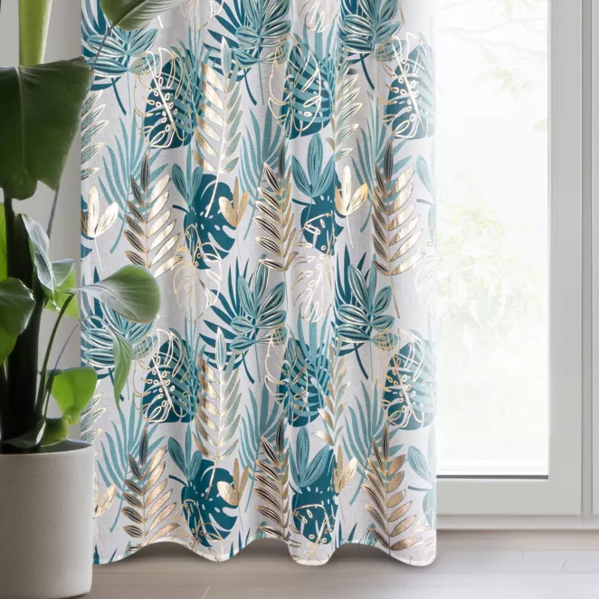 Zasłona z motywem egzotycznych liści podkreślona złocistym nadrukiem 140x250 cm przelotka - KERI