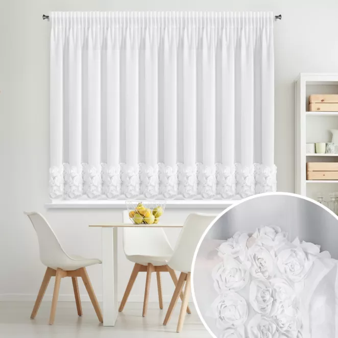 Firana biała z szyfonu zdobiona aplikacją 3D w róże 300x120 cm taśma - ROSES8 - Eva Minge