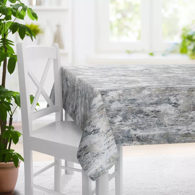 Obrus szyty stalowo srebrny z welwetowej tkaniny z błyszczącym nadrukiem