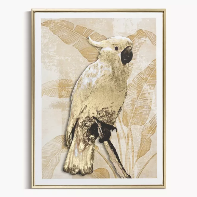 Obraz beżowo, złoty nadruk na płótnie papuga z błyszczącymi akcentami 45x60 cm