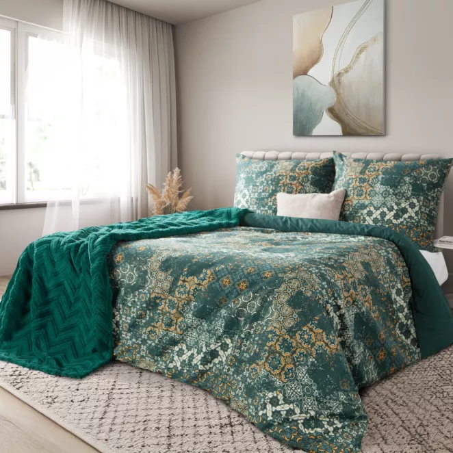 Pościel 160x200 cm z satyny bawełnianej kolor ciemnozielony, jasnozłoty z motywem mozaiki SPRING 69
