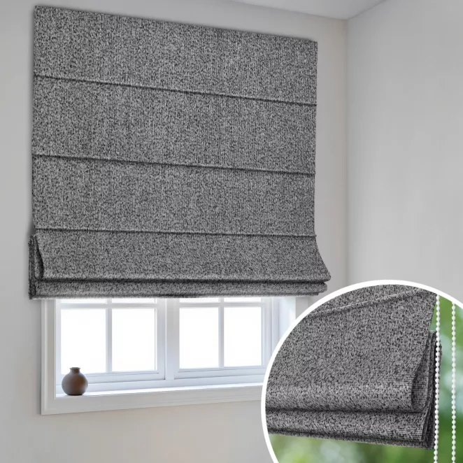Roleta rzymska grafitowa z tkaniny typu bukla z efektem melanżu