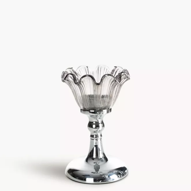 Świecznik dekoracyjny srebrno, grafitowy o szklanej kwiatowej formie średnica 11x17 cm ADENA